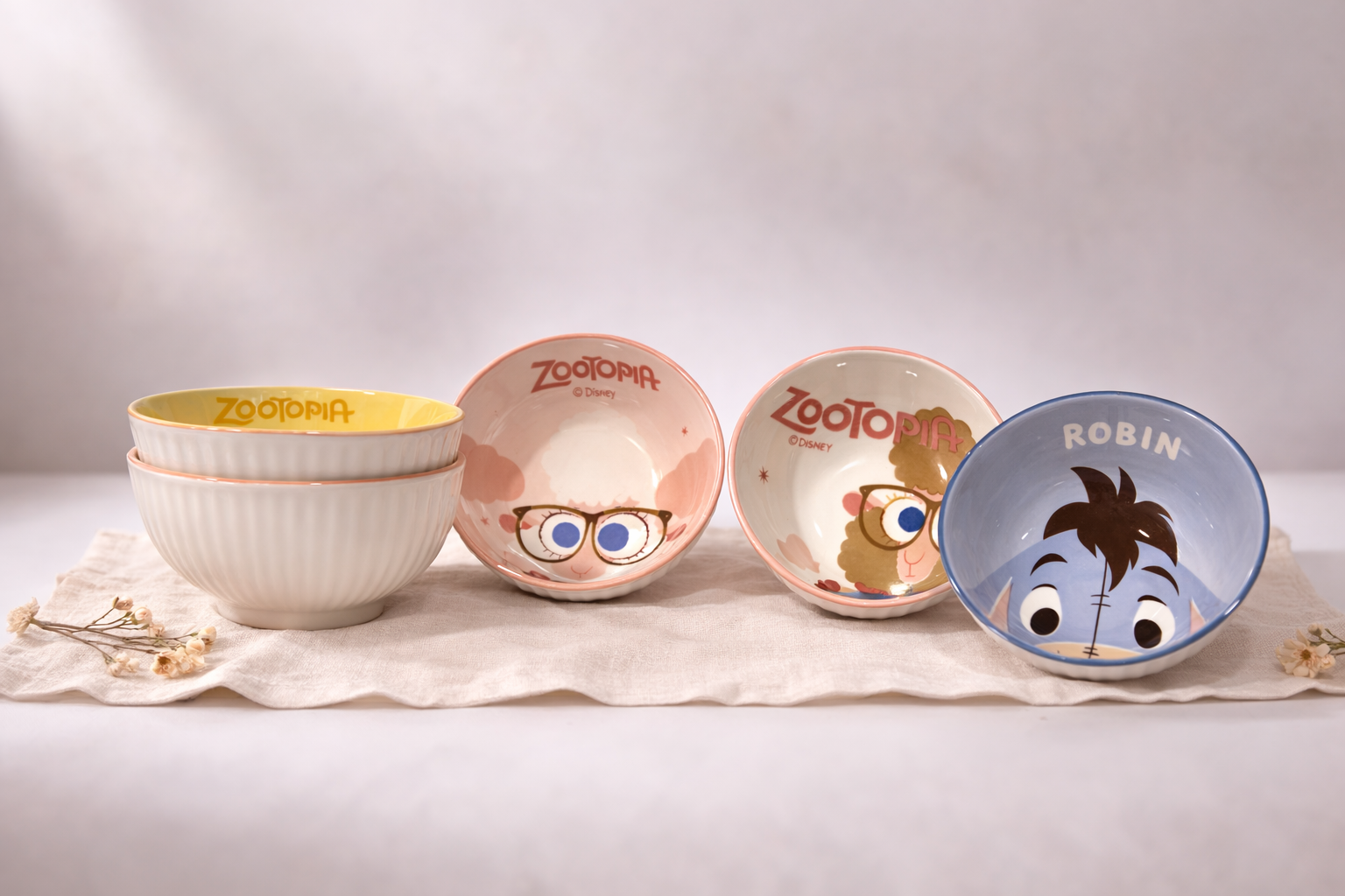 Disney Character Porcelain Ribbed  Bowl Set – 5 Pieces