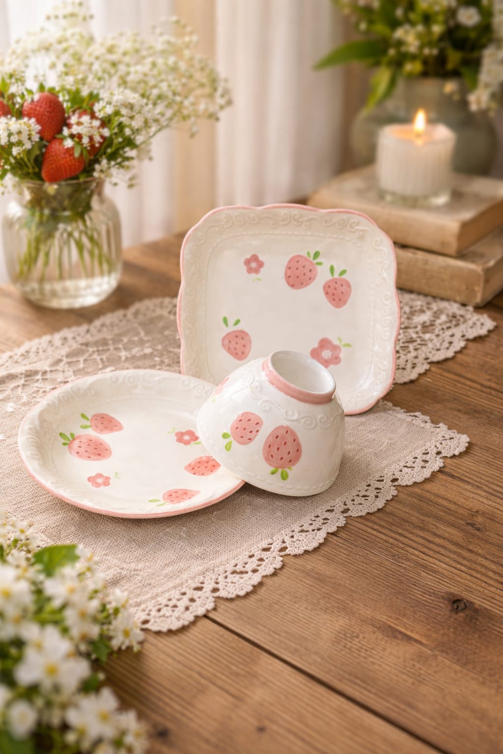 Strawberry Flowery  Porcelain Tableware Set – 3 Pieces
