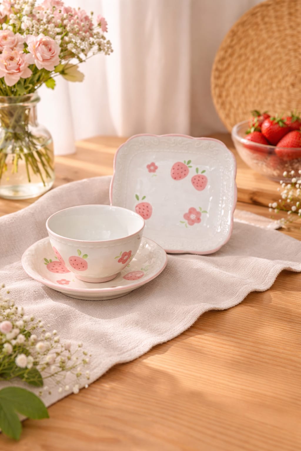 Strawberry Flowery  Porcelain Tableware Set – 3 Pieces