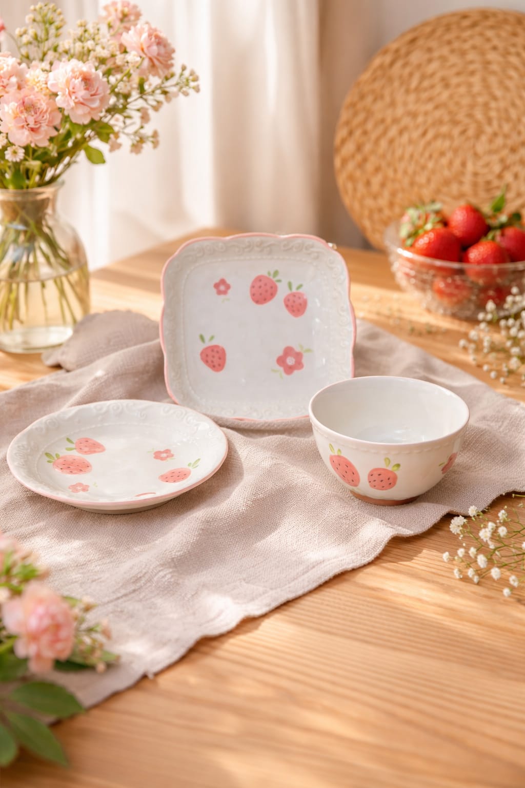 Strawberry Flowery  Porcelain Tableware Set – 3 Pieces