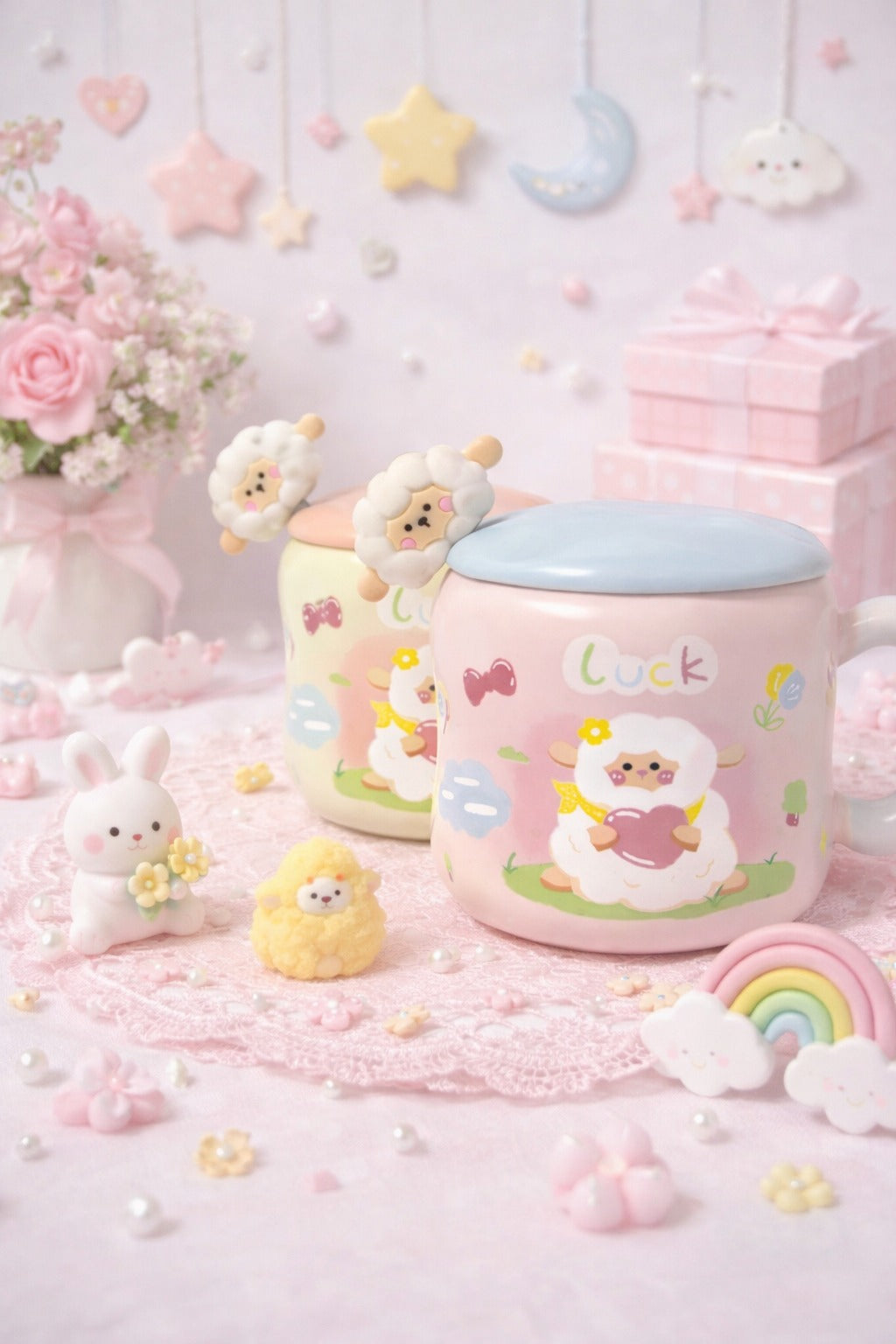 Lucky Sheep porcelain Mug with Lid